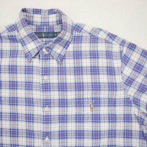 Polo Ralph Lauren Shirt Mens XL Short Sleeve Button Up Blue Plaid Flesh Pony